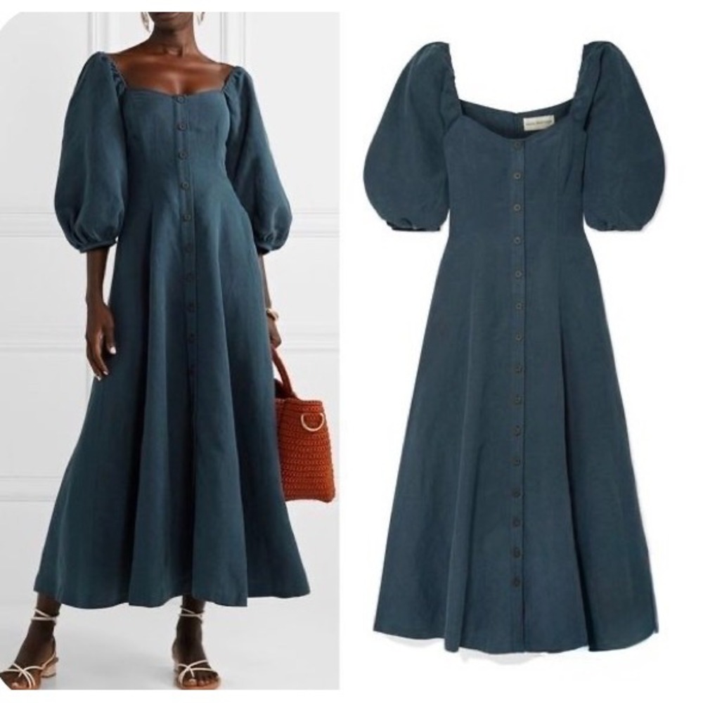 Mara Hoffman x Net Sustain Linen Puff Sleeve Maxi Dress Size 6 Blue Cottage
